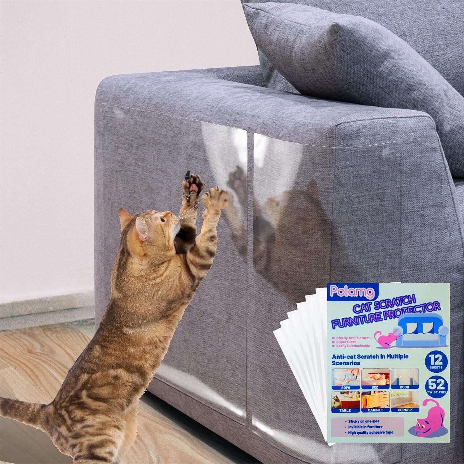 Cat Scratch Furniture Protector-12 Pack Clear Adhesive Couch Protector W/ Clips